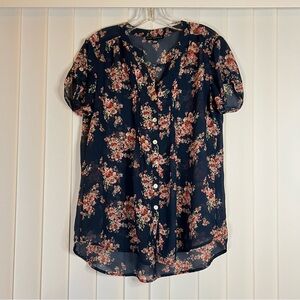 Sara Michelle Floral Button-Up Blouse - Navy and Pink
